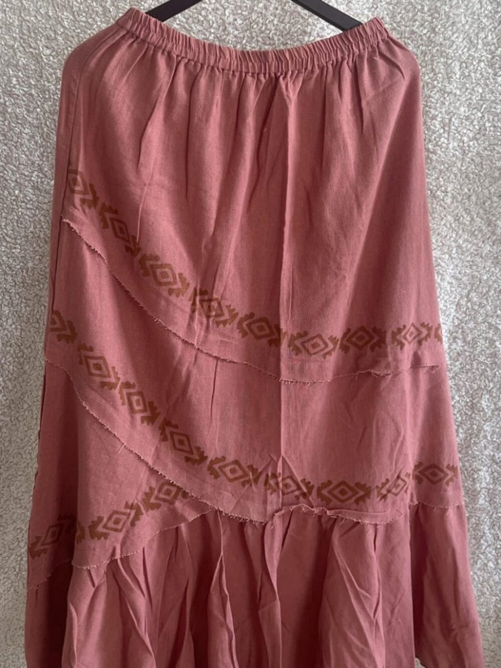 Thearah Pink Organic Cotton Maxi Skirt, Cascading Panels and Geometric Borders